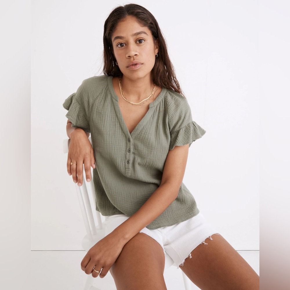Madewell Lightspun Ruffle-Sleeve Henley Top